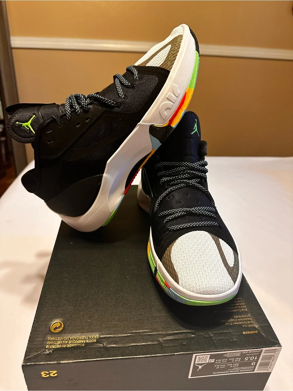 Jordan Men's Black Sneakers with White Toe and Rainbow Midsole Accent Box No Lid